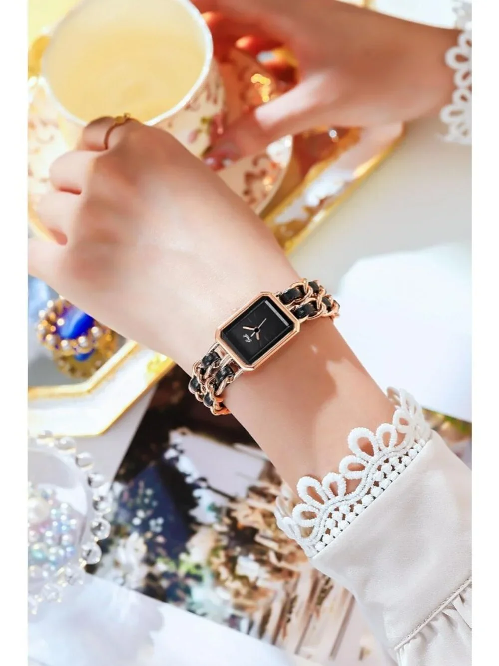 Women's Rose Gold Square Adjustable Chain Braid Band Quartz Retro Wrist Watch